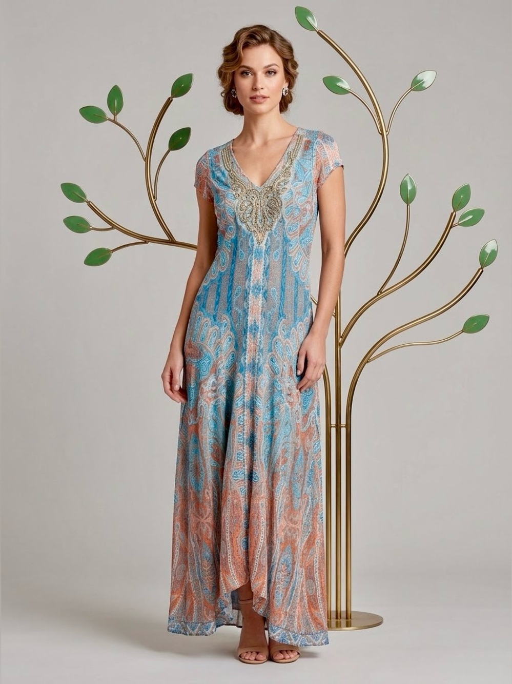 Reba Paisley Mesh Maxi Dress Embellished V Neck Blue Rust Orange Small